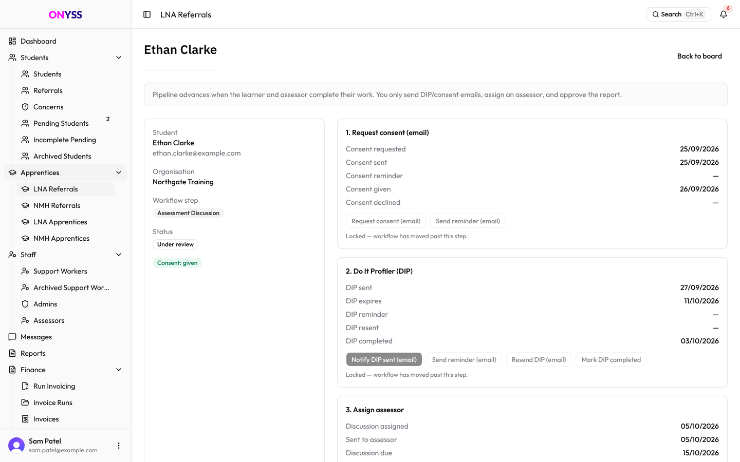 A single Learning Needs Assessment referral in the ONYSS Admin workspace, showing the apprentice, the provider, the current stage and the assessor.