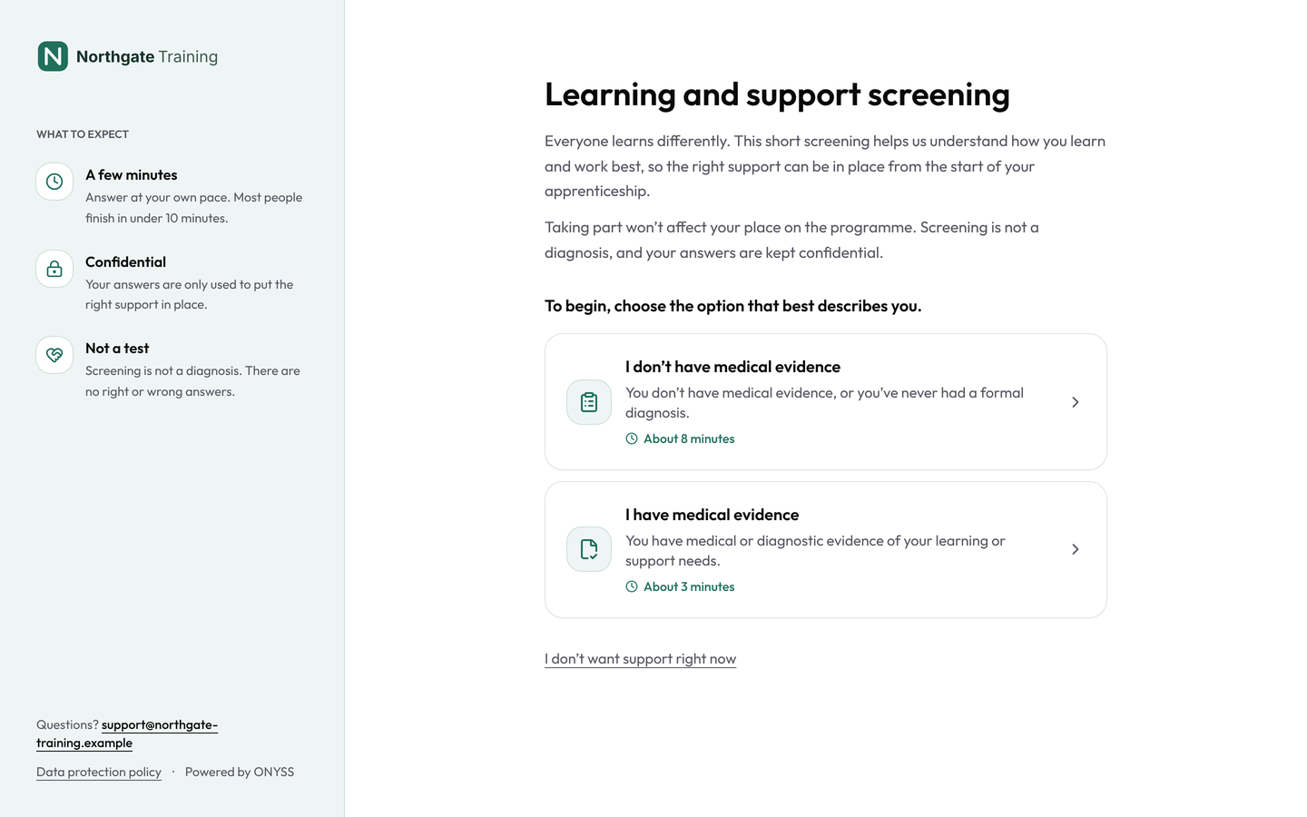 The ONYSS Screener opening page for a training provider, where the learner chooses whether they have medical evidence or not.