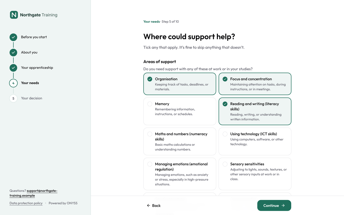 An ONYSS Screener step asking where support could help, with tick-box options and a progress list of sections.